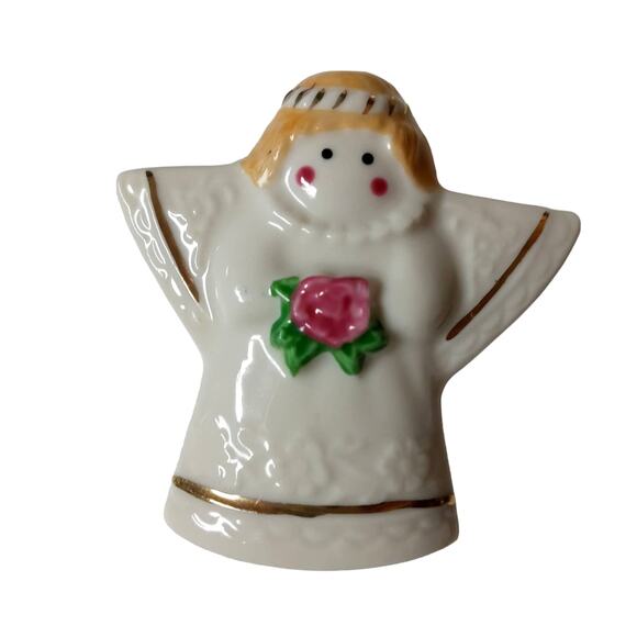 Vintage Ceramic Angel Brooch Christmas Holiday Pink Rose Lapel Pin VTG - Picture 3 of 7
